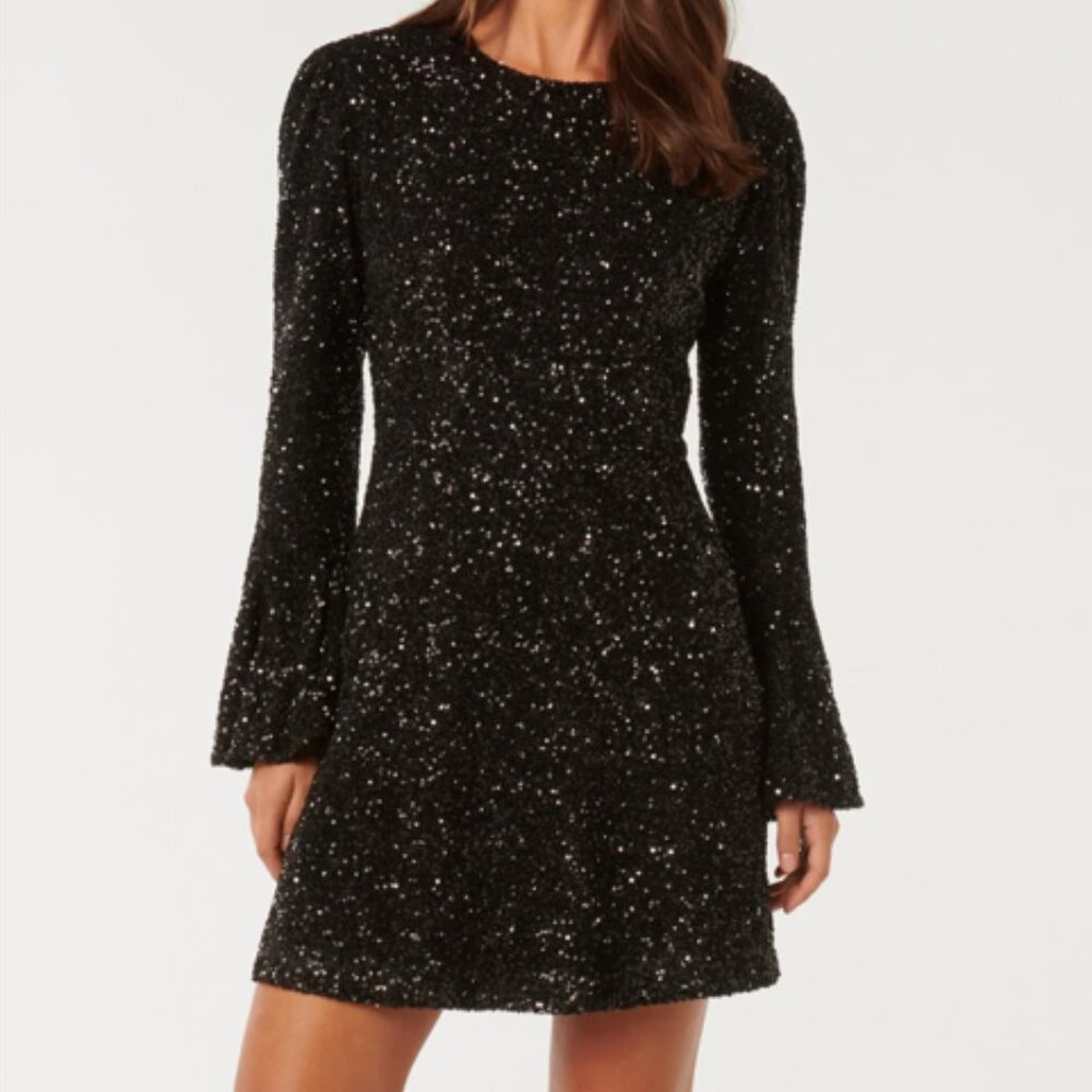 Frame black Elegant Black Sequin Dress long sleeve bell sleeves flutter